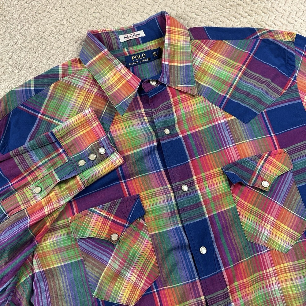 Polo Ralph Lauren Indian Madras Western Shirt Men's XLT Pearl Snap Multicolor